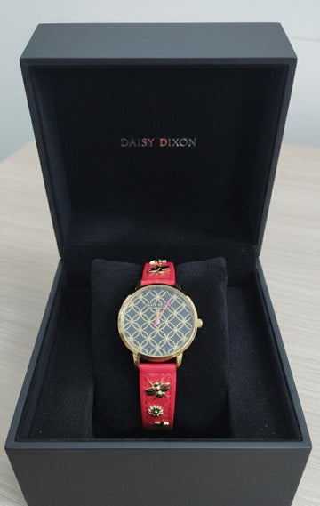 Daisy Dixon Kendall women's analogue quartz watch with a red leather strap.