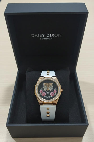 Daisy Dixon Alessandra ladies' analog quartz watch with a tiger-printed dial and a white leather strap-